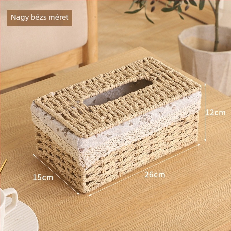 Többfunkciós asztali papírzsebkendő-doboz – kézzel fonott, fűzfa/szalma/bambusz anyagból, asztali, pásztor-stílusú, nappaliba