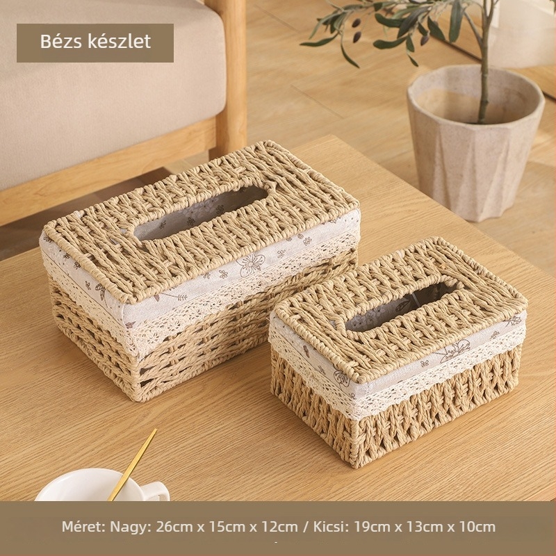 Többfunkciós asztali papírzsebkendő-doboz – kézzel fonott, fűzfa/szalma/bambusz anyagból, asztali, pásztor-stílusú, nappaliba