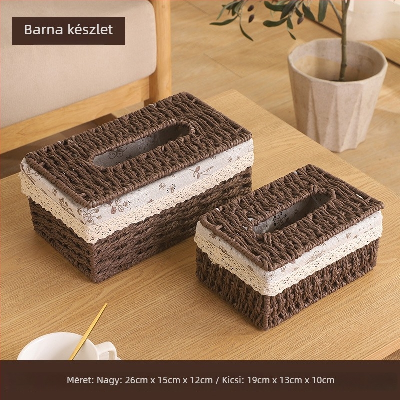 Többfunkciós asztali papírzsebkendő-doboz – kézzel fonott, fűzfa/szalma/bambusz anyagból, asztali, pásztor-stílusú, nappaliba