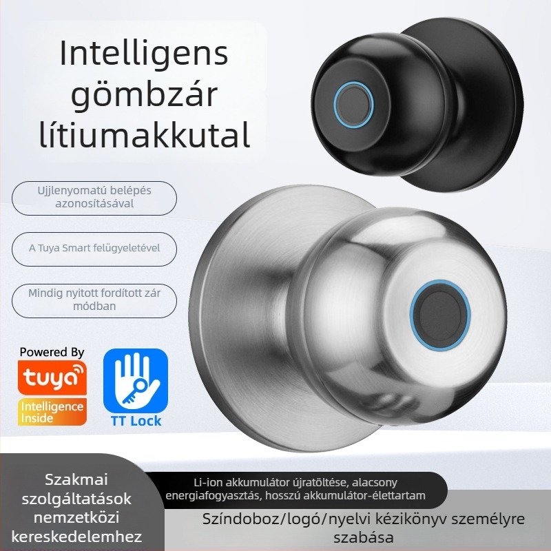 Háromrúd gömb alakú okos zár beltéri fa ajtókhoz, 50 ujjlenyomat tárhely, DC tápegység, távoli nyitás