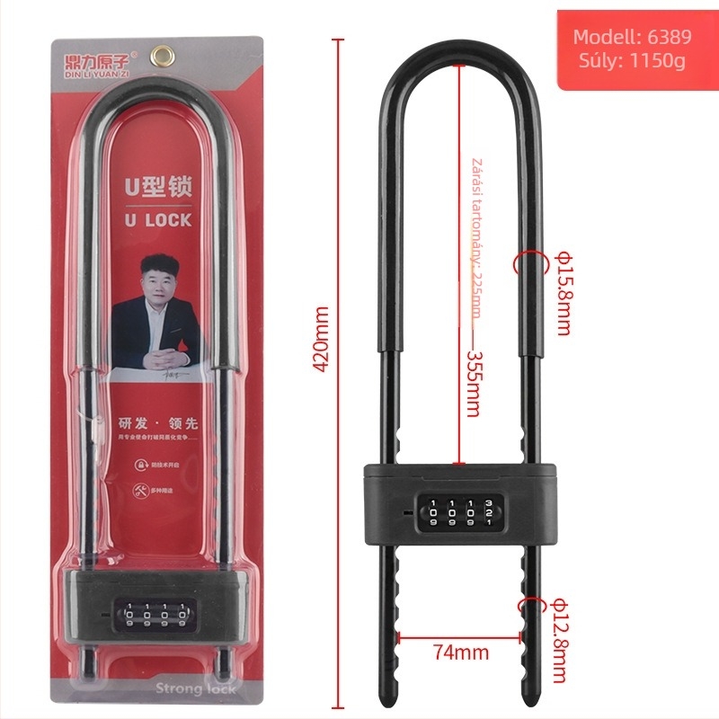 U-alakú digitális zár üvegajtóhoz - acél, modell: U-Shaped Password Lock, rúd vastagsága 13 mm, rúd közötti távolság 74 mm