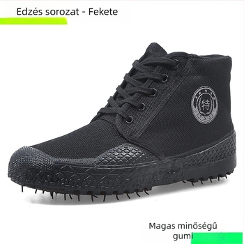 Magas szárú vászon munkavédelmi cipő — légáteresztő, csúszásálló, kopásálló; felsőrész: vászon; talp: gumitalp; magas felső rész; fűzővel zárható; belső: textilbetét