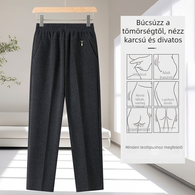 Női téli meleg hétköznapi nadrág magas derekú, egyenes, széles szárú, 2025 modell