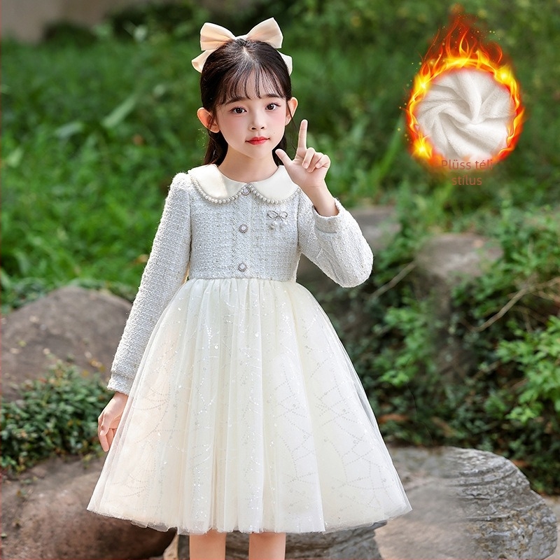 Lányoknak szóló hercegnő-stílusú ruha, háló anyag, fő anyag poliészter 81–90%, bélés pamut 60–70%, A-vonalú szoknya, őszi 2025.