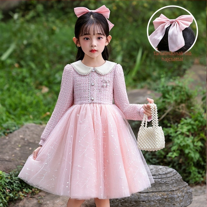 Lányoknak szóló hercegnő-stílusú ruha, háló anyag, fő anyag poliészter 81–90%, bélés pamut 60–70%, A-vonalú szoknya, őszi 2025.