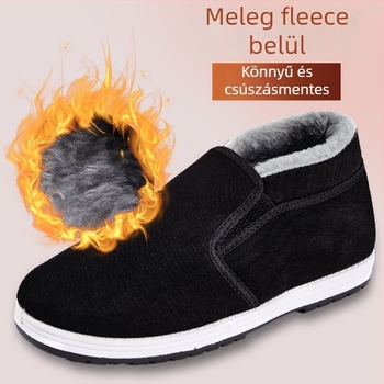 Ősi Pekingi stílusú textil papucs, fleece bélés, téli meleg férfi otthoni cipő, gumitalp, csúszásmentes