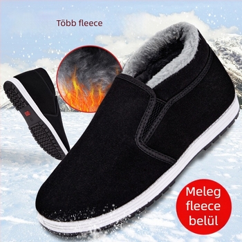 Ősi Pekingi stílusú textil papucs, fleece bélés, téli meleg férfi otthoni cipő, gumitalp, csúszásmentes