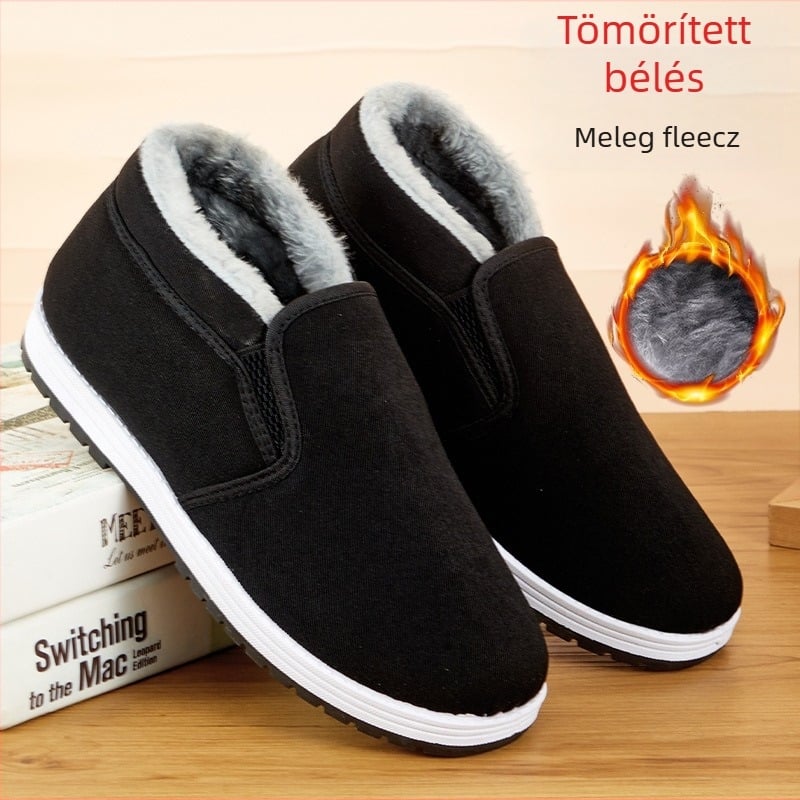 Ősi Pekingi stílusú textil papucs, fleece bélés, téli meleg férfi otthoni cipő, gumitalp, csúszásmentes