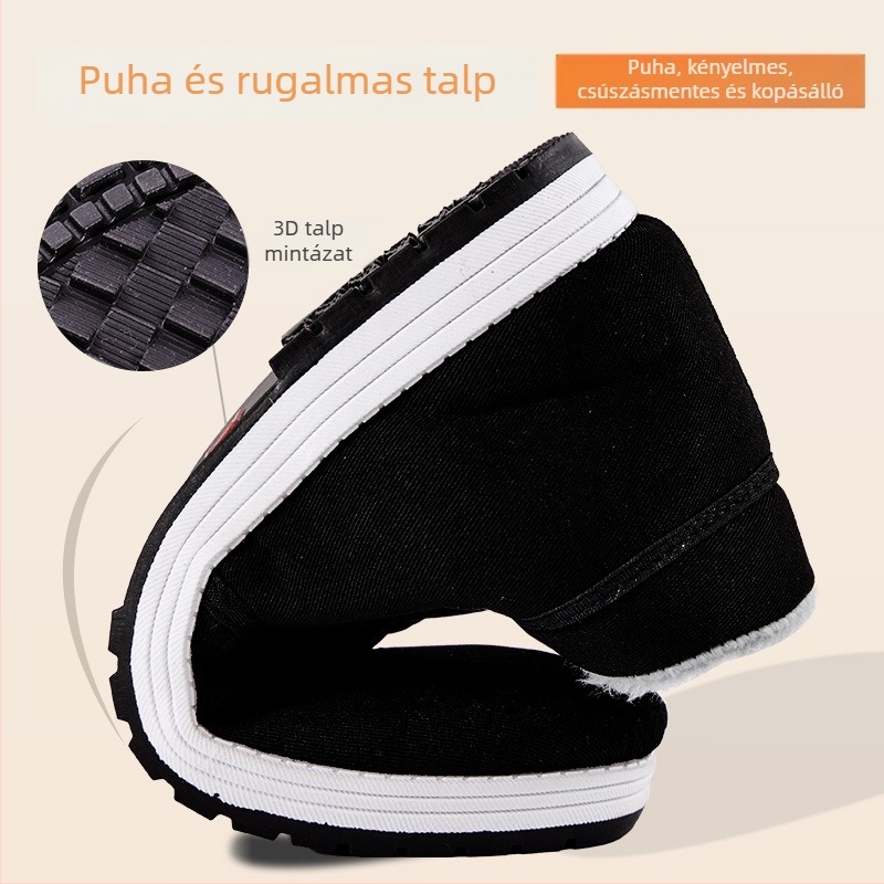 Ősi Pekingi stílusú textil papucs, fleece bélés, téli meleg férfi otthoni cipő, gumitalp, csúszásmentes
