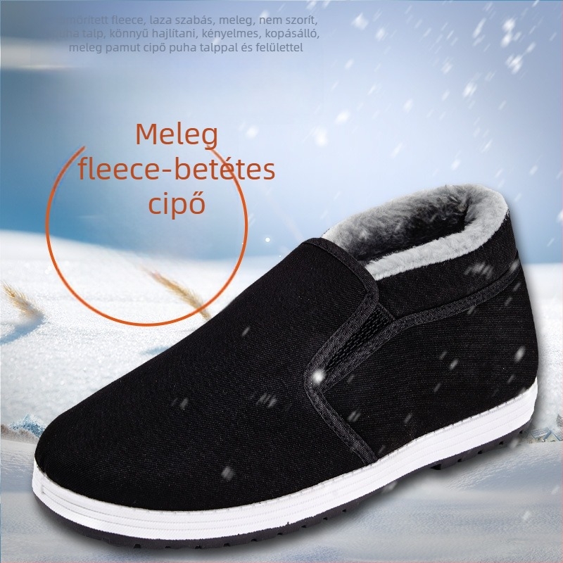 Ősi Pekingi stílusú textil papucs, fleece bélés, téli meleg férfi otthoni cipő, gumitalp, csúszásmentes