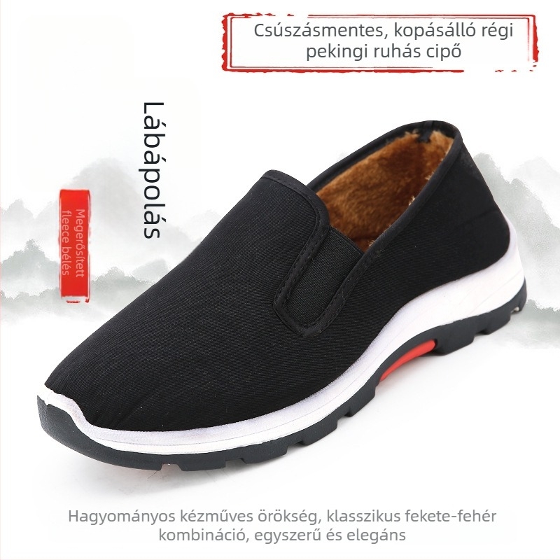 Ősi Pekingi stílusú textil papucs, fleece bélés, téli meleg férfi otthoni cipő, gumitalp, csúszásmentes