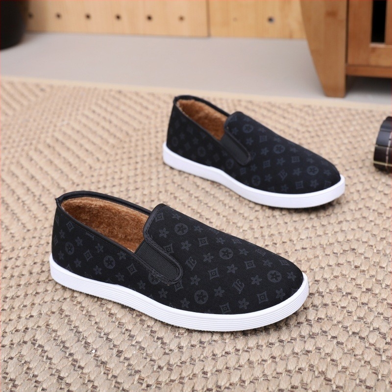 Ősi Pekingi stílusú textil papucs, fleece bélés, téli meleg férfi otthoni cipő, gumitalp, csúszásmentes