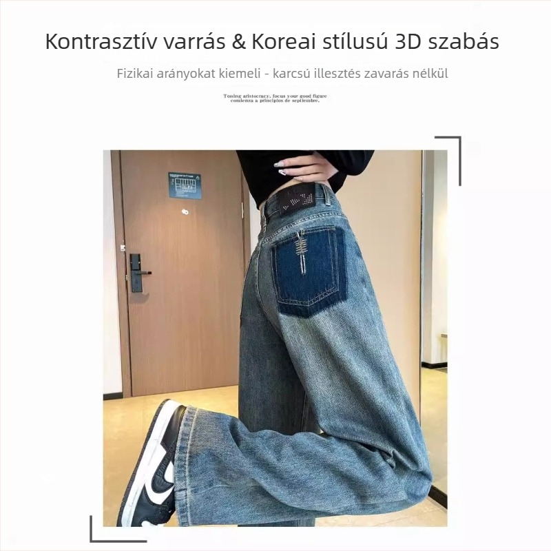 Női farmernadrág széles lábú, magas derékú, denim anyag, pamut-elasztán keverék, drapírozott esés, őszi-téli 2025