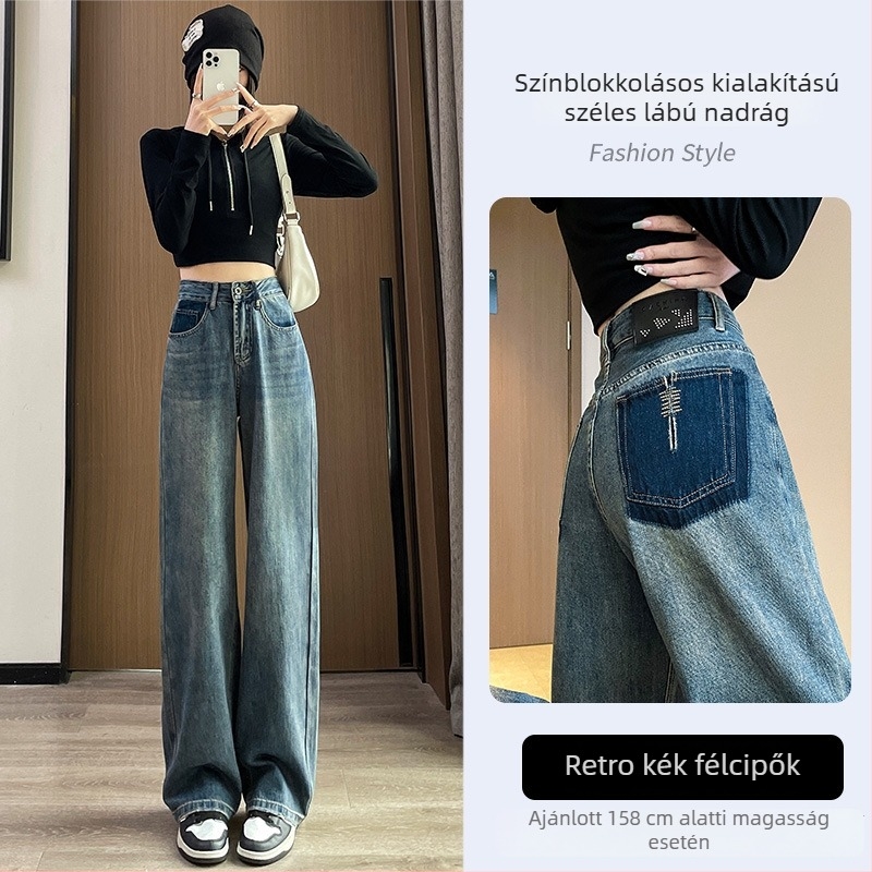 Női farmernadrág széles lábú, magas derékú, denim anyag, pamut-elasztán keverék, drapírozott esés, őszi-téli 2025