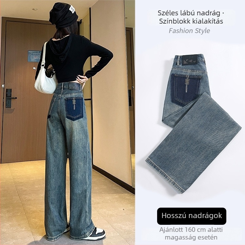 Női farmernadrág széles lábú, magas derékú, denim anyag, pamut-elasztán keverék, drapírozott esés, őszi-téli 2025