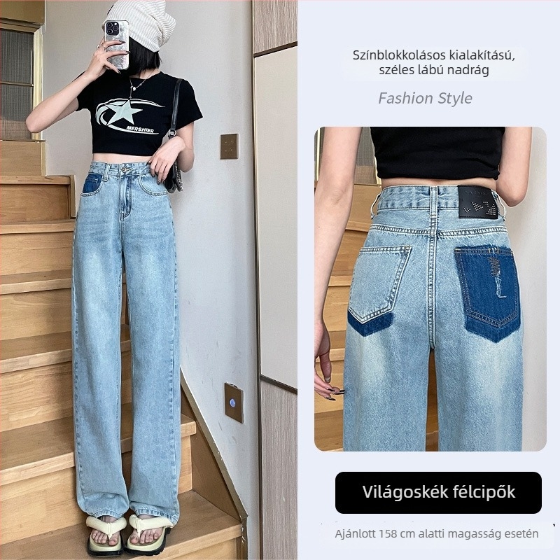 Női farmernadrág széles lábú, magas derékú, denim anyag, pamut-elasztán keverék, drapírozott esés, őszi-téli 2025