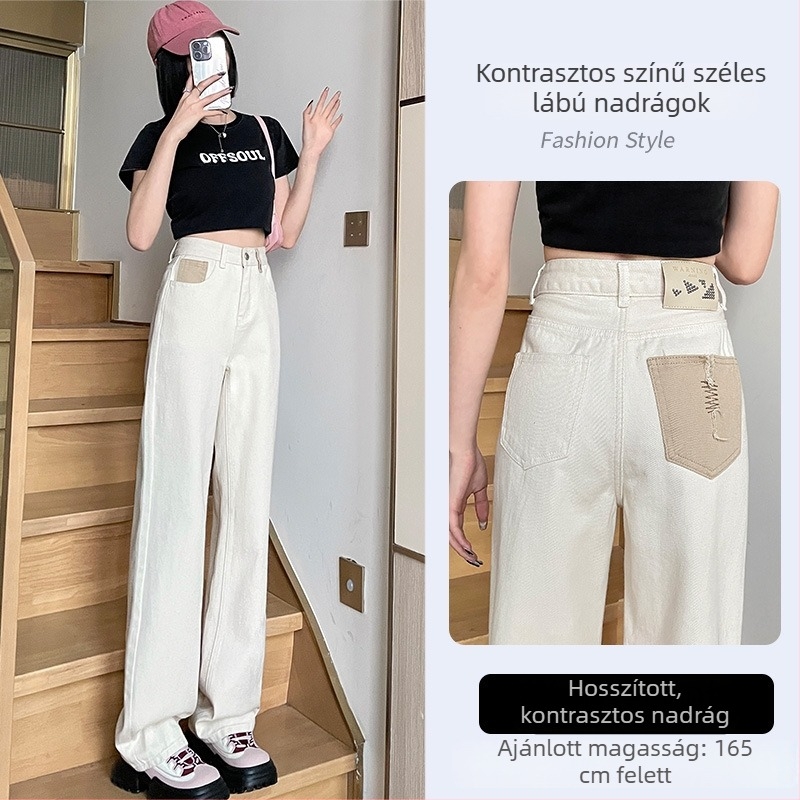 Női farmernadrág széles lábú, magas derékú, denim anyag, pamut-elasztán keverék, drapírozott esés, őszi-téli 2025