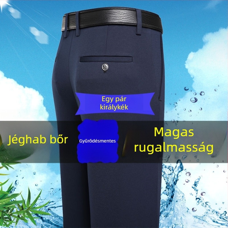 Férfi mindennapi nadrág, lazán szabott egyenes szabás, vasalást nem igényel, poliészter, minden évszakra