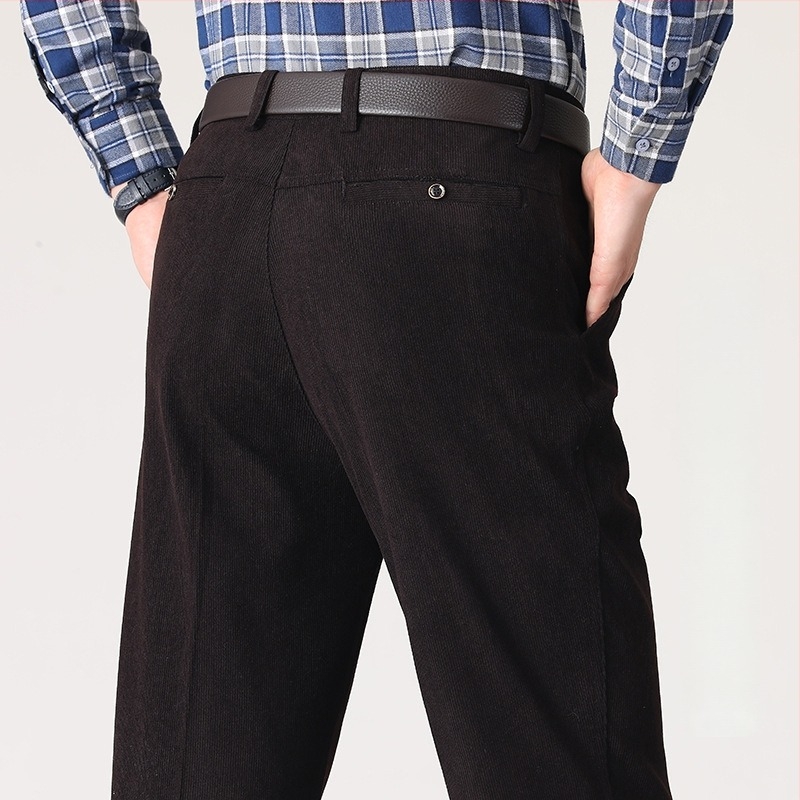 Corduroy férfi egyenes nadrág, casual, őszre, csíkos mintázat, magas derékkal, öv nélkül, cipzár, légáteresztő pamut-poliészter keverék, gépi mosás, vasalás nélkül, enyhe rugalmasság