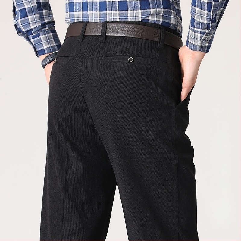 Corduroy férfi egyenes nadrág, casual, őszre, csíkos mintázat, magas derékkal, öv nélkül, cipzár, légáteresztő pamut-poliészter keverék, gépi mosás, vasalás nélkül, enyhe rugalmasság