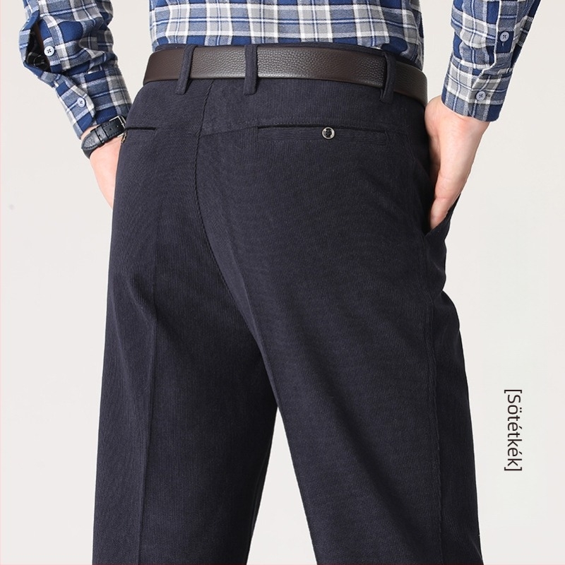 Corduroy férfi egyenes nadrág, casual, őszre, csíkos mintázat, magas derékkal, öv nélkül, cipzár, légáteresztő pamut-poliészter keverék, gépi mosás, vasalás nélkül, enyhe rugalmasság