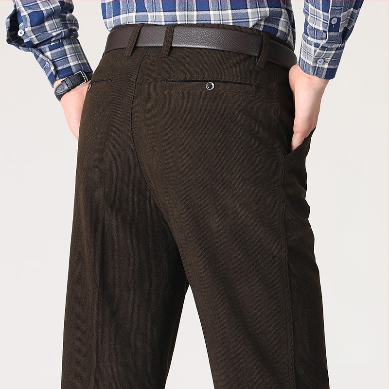 Corduroy férfi egyenes nadrág, casual, őszre, csíkos mintázat, magas derékkal, öv nélkül, cipzár, légáteresztő pamut-poliészter keverék, gépi mosás, vasalás nélkül, enyhe rugalmasság
