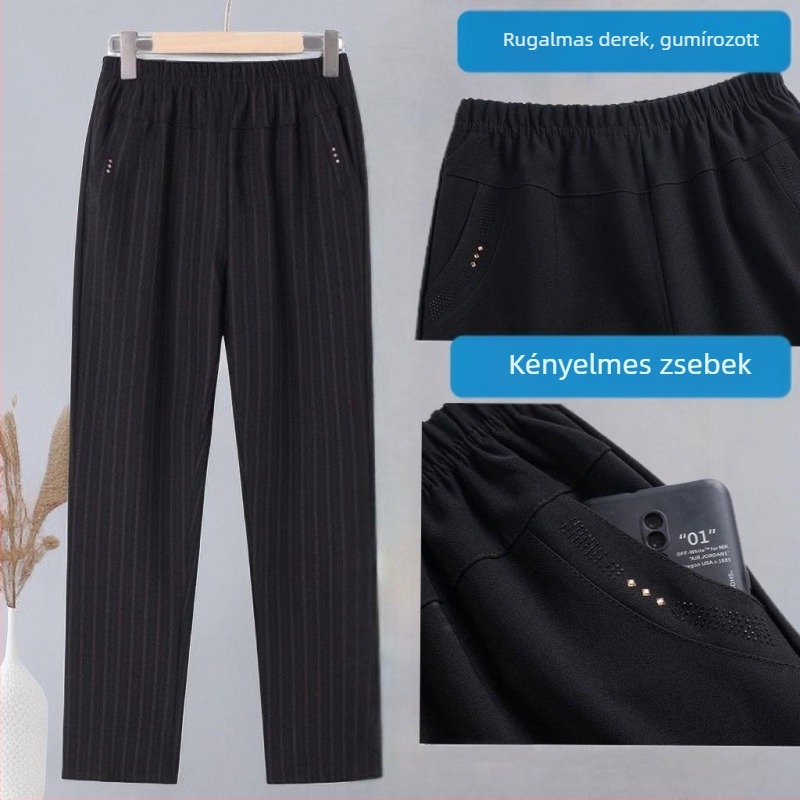 Magas derékú egyenes szabású nadrág, lazított fazon, TR szövet, 80–90% poliészter, közepes vastagság