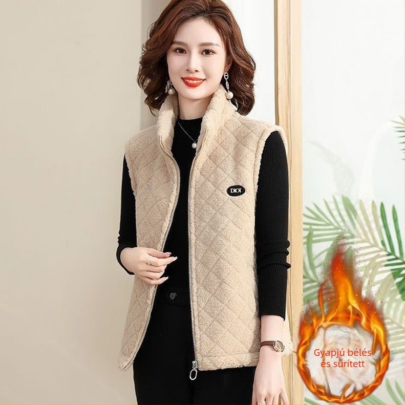Őszi–téli női mellény fleece béléses, 40–50 éveseknek, kardigán-stílusú, meleg