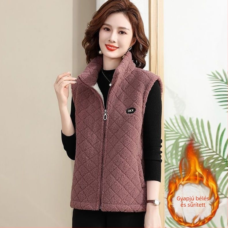 Őszi–téli női mellény fleece béléses, 40–50 éveseknek, kardigán-stílusú, meleg