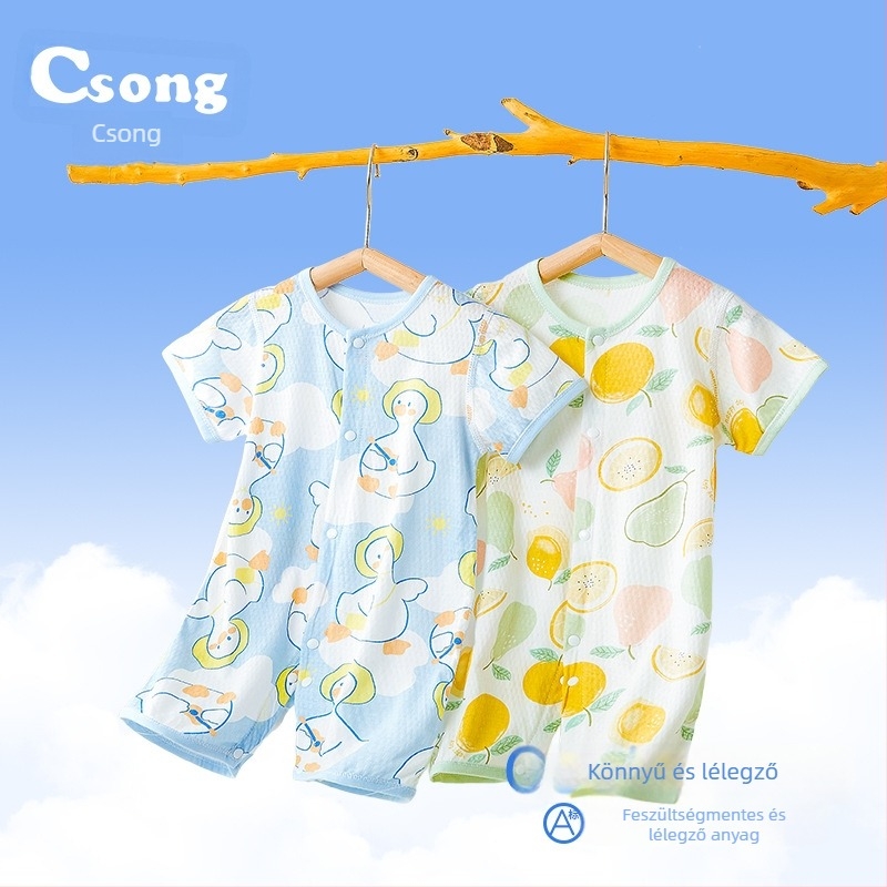 Baba pamut rövid ujjú overall, nyári vékony anyag, 100% pamut, elöl gombos zárás