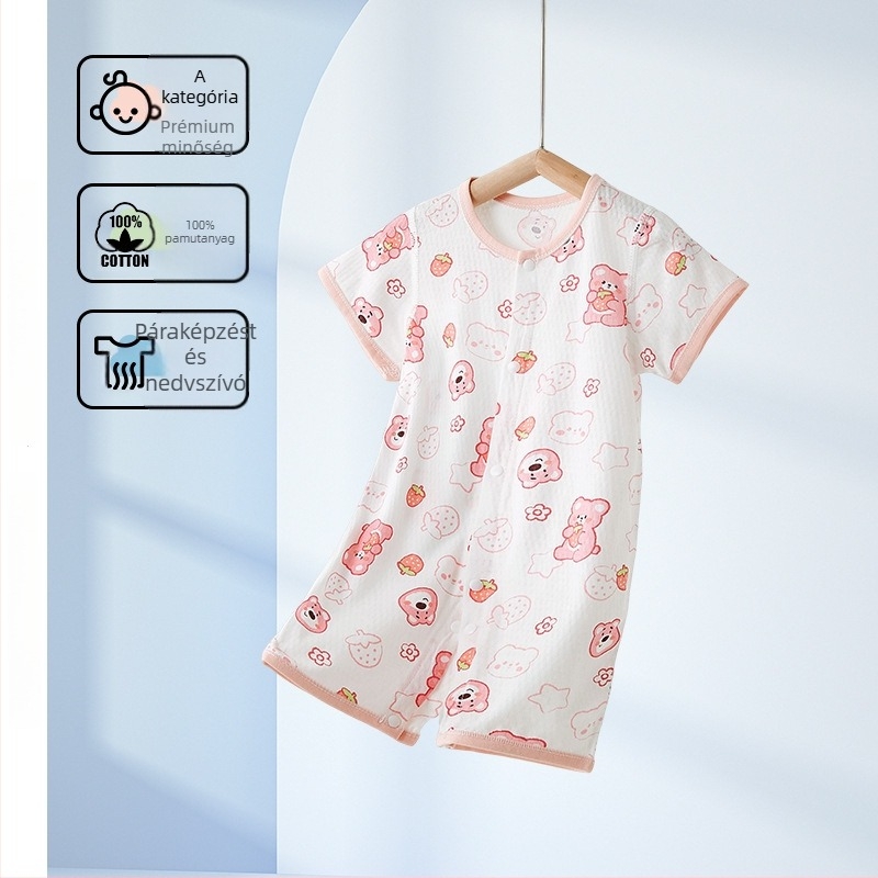 Baba pamut rövid ujjú overall, nyári vékony anyag, 100% pamut, elöl gombos zárás