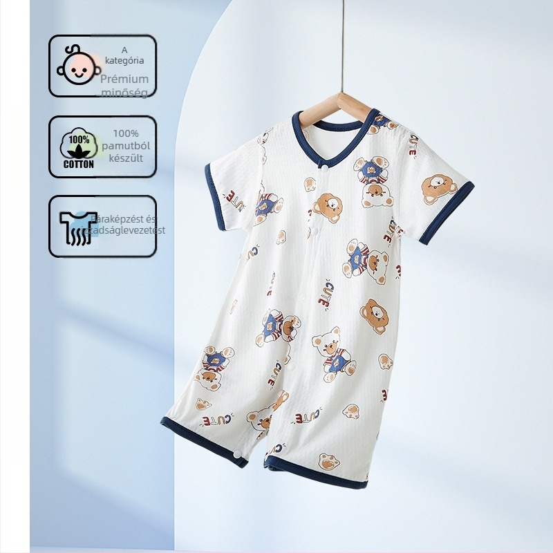 Baba pamut rövid ujjú overall, nyári vékony anyag, 100% pamut, elöl gombos zárás