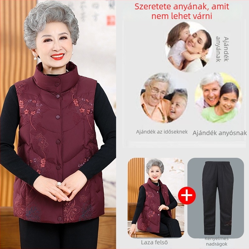 Elegáns idős nőknek szánt meleg tollmellény őszi-téli szezonra, fő anyag: regenerált cellulóz rost (>95%), japán-koreai lazító stílus, kiadás: 2025 ősz