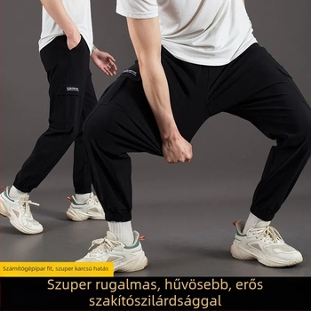 Férfi tavasz-ősz munkanadrág sok zsebével, pamut-elasztikus anyagból, egyenes szabás, magas derék, cipzár