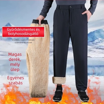 Flízzel bélelt téli férfi nadrág, vastag, egyenes szabású, magas derék, cipzár, több zseb