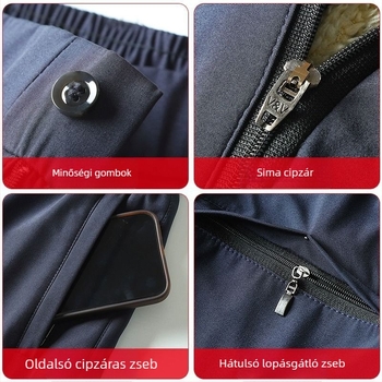 Flízzel bélelt téli férfi nadrág, vastag, egyenes szabású, magas derék, cipzár, több zseb