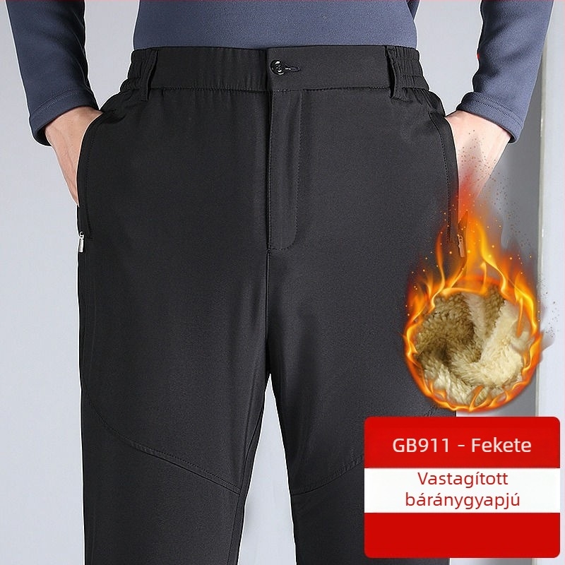Flízzel bélelt téli férfi nadrág, vastag, egyenes szabású, magas derék, cipzár, több zseb