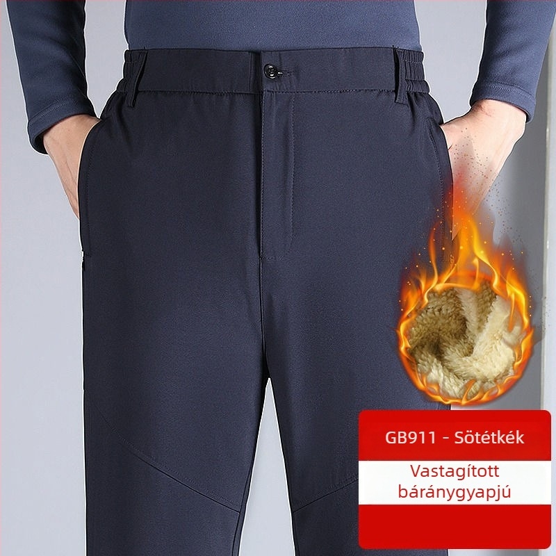 Flízzel bélelt téli férfi nadrág, vastag, egyenes szabású, magas derék, cipzár, több zseb