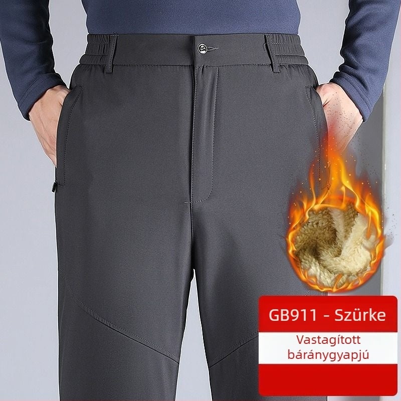 Flízzel bélelt téli férfi nadrág, vastag, egyenes szabású, magas derék, cipzár, több zseb