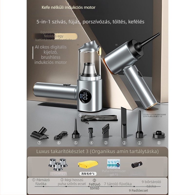 Vezeték nélküli autó porszívó digitális kijelzővel — kompakt kézi kivitel (10V, 100W, 10000 Pa, 20 perc)