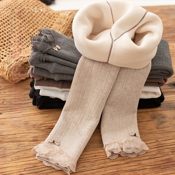 Gyerekeknek készült pamutból készült fleece-bélelt 3/4 hosszú leggings függőleges csíkokkal, őszi-téli, középmagas derekú, 3–8 évesek