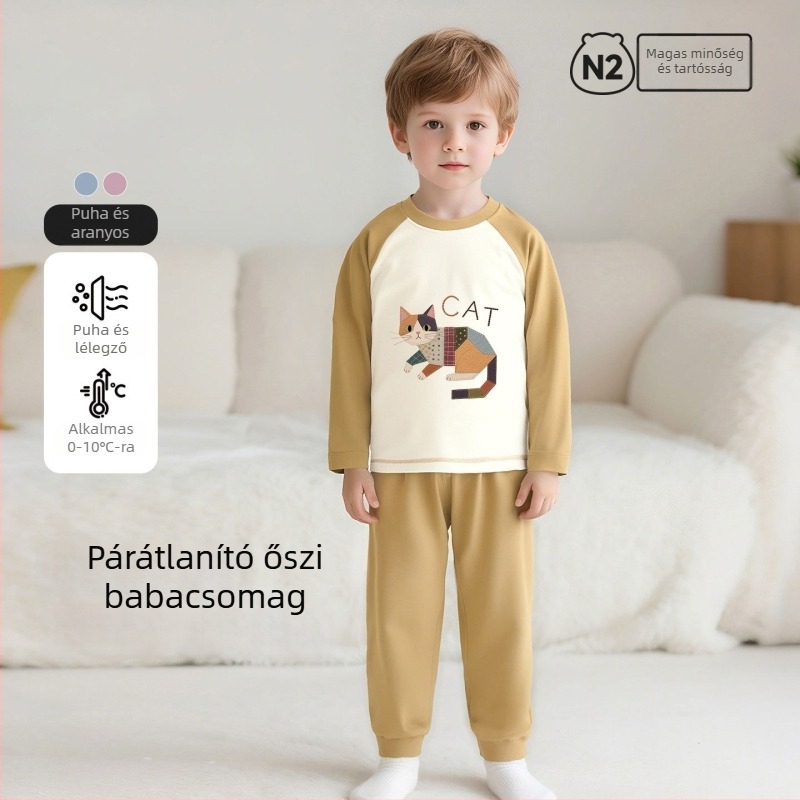 Gyerekeknek szóló pamut pizsama szett rajzfilm mintával, 3–8 éveseknek, kerek nyakú, tavasz–ősz