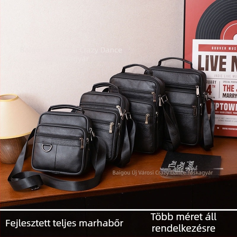 Férfi válltáska • Többcélú, üzleti és hétköznapi használatra • (valódi bőr, első réteg marhabőr, vízálló, kopásálló, bővíthető)