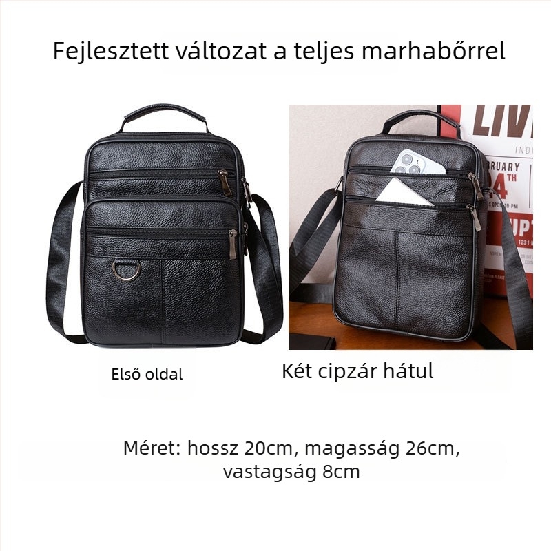 Férfi válltáska • Többcélú, üzleti és hétköznapi használatra • (valódi bőr, első réteg marhabőr, vízálló, kopásálló, bővíthető)