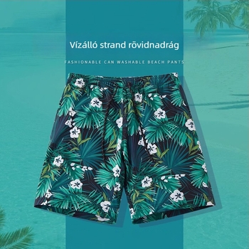 Férfi nyári strand rövidnadrág, laza szabás, gyorsan száradó, vékony anyag, poliészter 95%, mintás