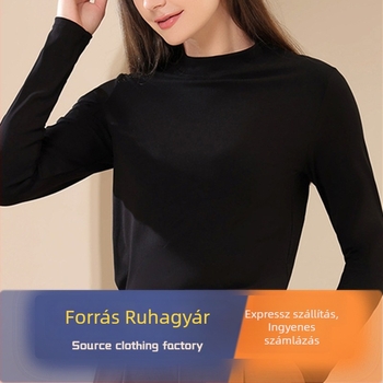 Női poliészter fleece hosszú ujjú T-shirt fél magas gallérral, alapréteg, karcsú szabás