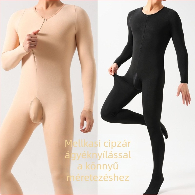 Férfi teljes testet formázó body fleece béléssel, vastag, nylonból, nyitott ágyékkal