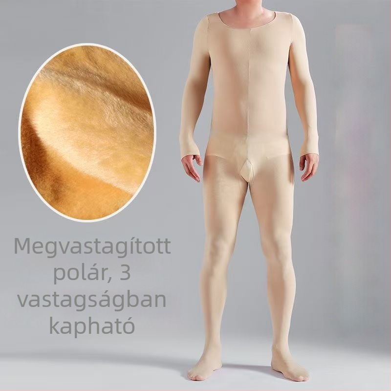 Férfi teljes testet formázó body fleece béléssel, vastag, nylonból, nyitott ágyékkal