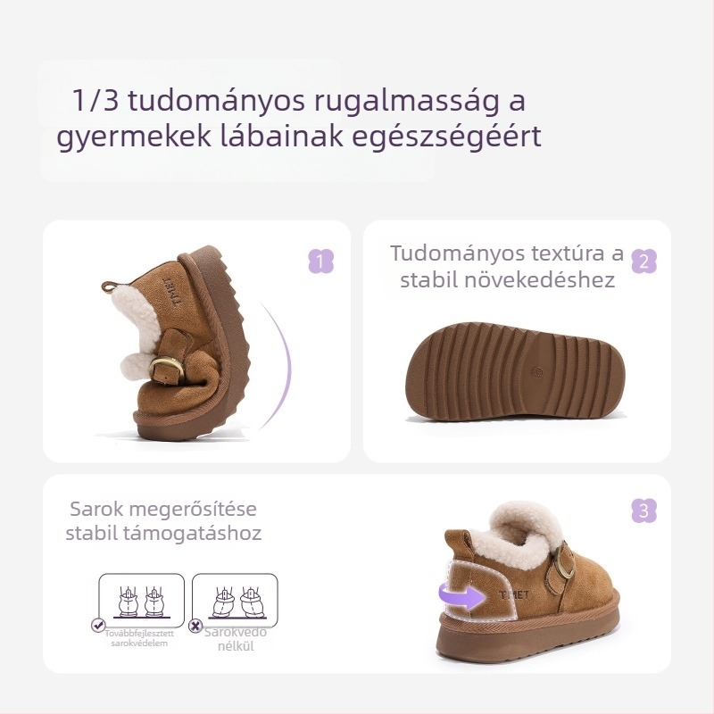 Gyerekek téli hócsizmái, nubuk felsőrésze, gumírozott talp, középmagasságú szár, textilbetét