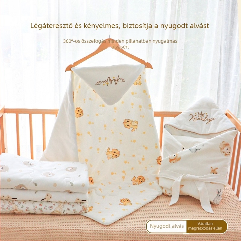 Újszülött baba takaró-swaddle – 100% pamut anyag, velúr pamut töltet, állatmintás, 0–1 éveseknek, tavasztól télig.